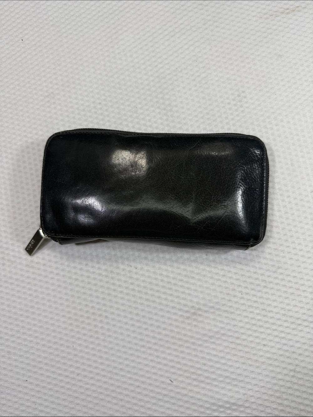 HOBO Black Leather Zip Wallet with Silver Hardware